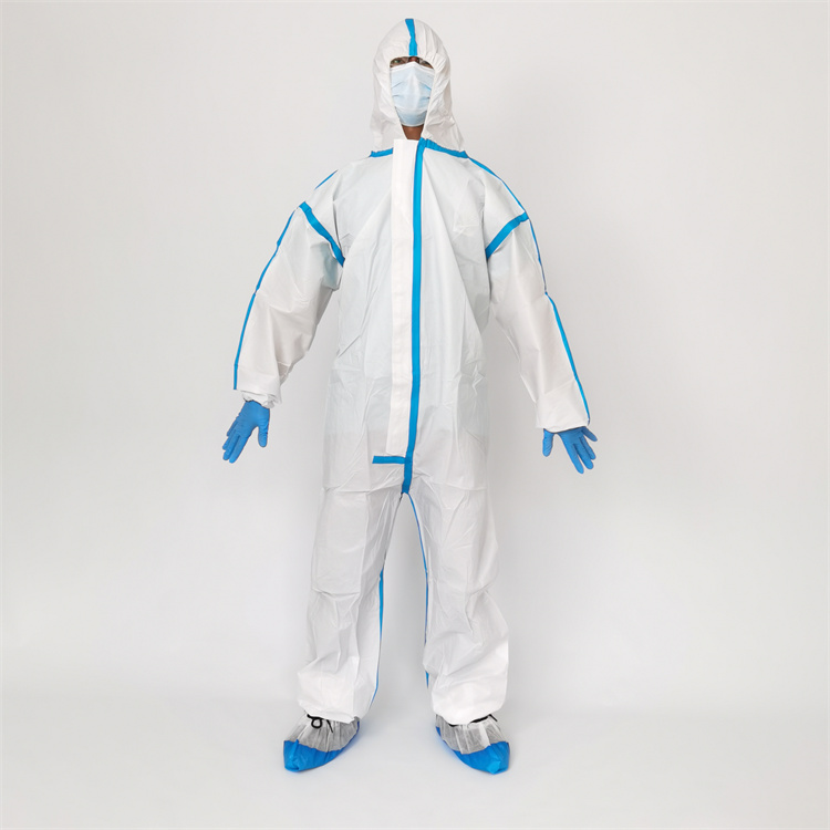 Disposable microporous protective coveralls with blue sticker